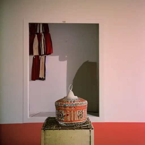 Image similar to a bright color photography of an ethnographic object in a white room, leica m 6