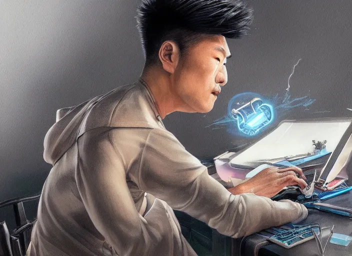 Image similar to an insanely detailed painting of an asian man wearing a homemade superhero costume, sitting at a desk, staring seriously at the computer and typing, in the style of peter mohrbacher, james jean, artgerm, dramatic lighting and composition, surreal background, octane render, pixar, trending on artstation, concept art, comic book, view from behind, 8 k