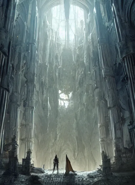 Prompt: a medieval adventurer inside an enormous alien cathedral,, lord of the rings, portal to another dimension, cinematic lighting, highly detailed, sharp focus, perfect composition, 4 k, artgerm, derek zabrocki, greg rutkowski