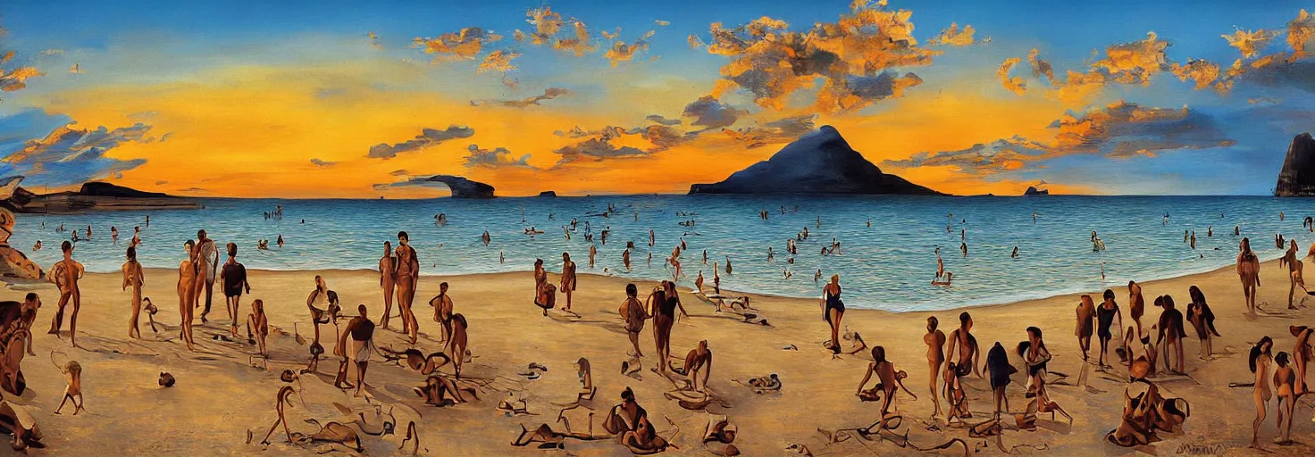 Image similar to People in beach by Salvador Dali and Bob Ross collaboration, mural, sun set, digital art, high details