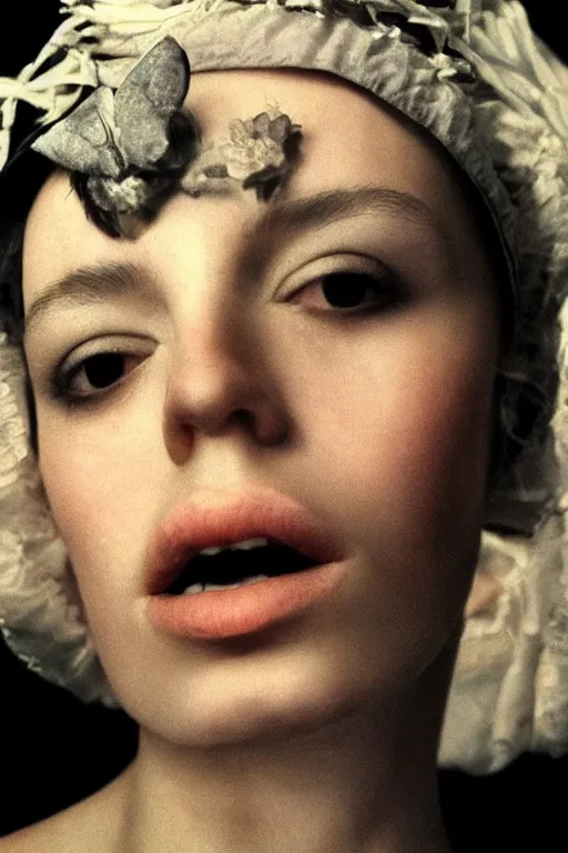 Image similar to hyperrealism close - up fashion portrait by roversi photo from the holy mountain by alejandro jodorowsky in style of francisco goya