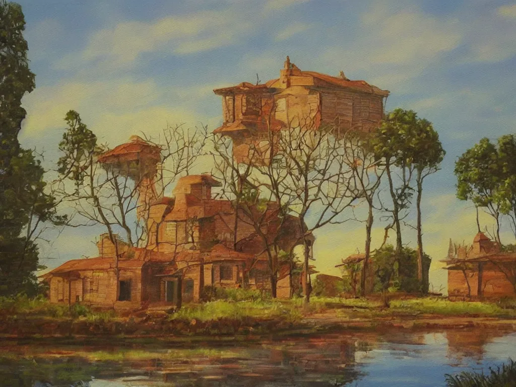 Image similar to A beautiful painting of a building in a serene landscape, magic realism