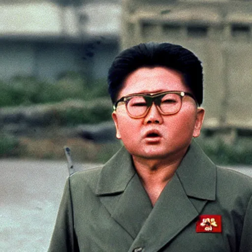 Image similar to Kim Jong-il in the role of Rambo, 35mm filmstill, cinemascope