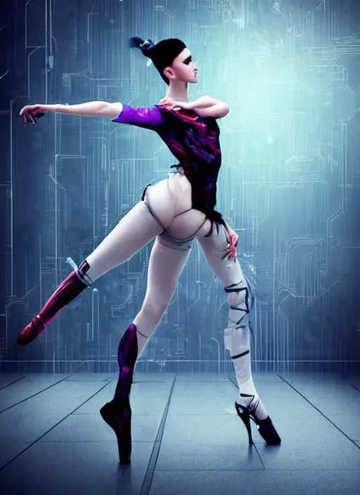 Prompt: beautiful female cyberpunk girl ballerina zeen art style