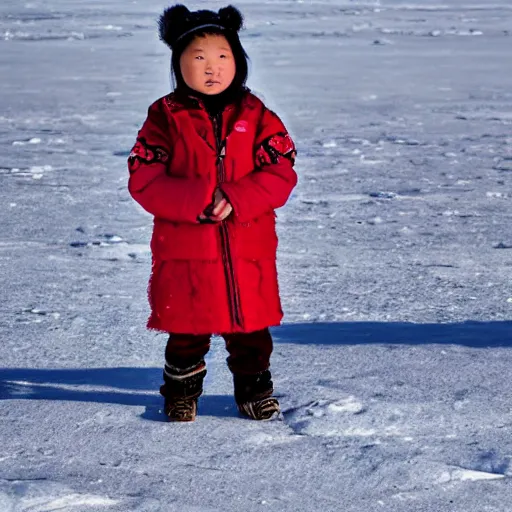 Prompt: little yakut girl standing in the middle of icy desert, ultrareaslistic