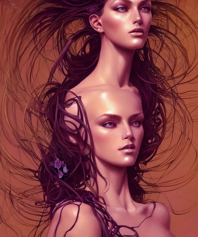 Prompt: Supermodel woman turning into an Android portrait, dark surrealism , scifi, intricate, elegant, highly detailed, digital painting, artstation, concept art, smooth, sharp focus, illustration, art by artgerm and moebius and alphonse mucha