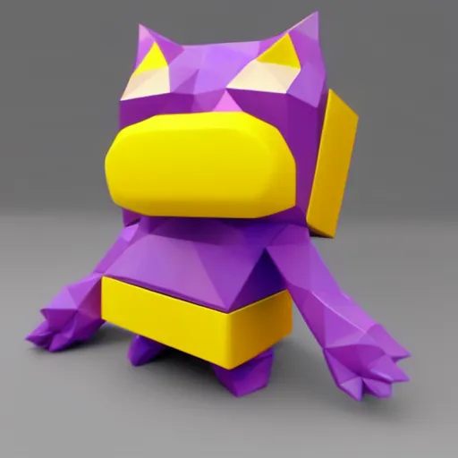 Image similar to a small purple animal with a yellow box on its head, a low poly render by miyamoto, polycount, rayonism, low poly, polycount, rendered in maya