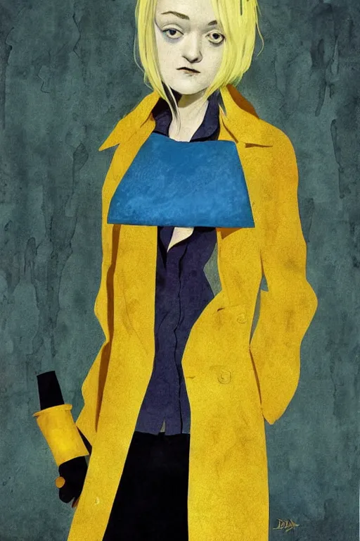 Image similar to Dakota Fanning with short blue hair wearing a yellow trenchcoat by Dave McKean