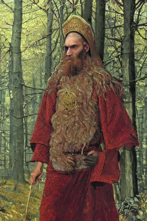 Image similar to slavic dog head man, woolen torso in medieval clothes, walking in the forest, orthodox saint christopher, oil painting, painting by viktor vasnetsov, concept art, hyperrealism, beautiful, high resolution, trending on artstation, by annie swynnerton and nicholas roerich, embroidered robes, starry tattoos, elaborate costume,