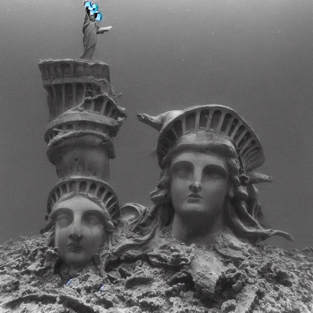 Prompt: underwater photograph of a bronze statue of liberty, partially buried with a sunken city