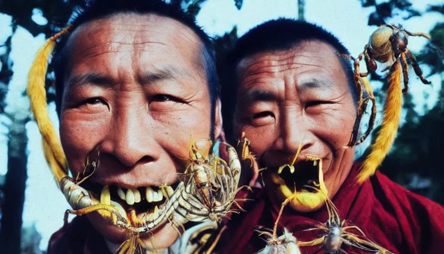 Image similar to 7 0 s movie still of a tibetan man with a giant spider in the mouth, cinestill 8 0 0 t 3 5 mm eastmancolor, heavy grain, high quality, high detail