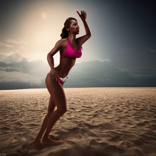 Prompt: full body pose, hyperrealistic photograph of a beautiful beach volleyball woman, dim volumetric lighting, 8 k, octane beautifully detailed render, extremely hyper detailed, intricate, epic composition, cinematic lighting, masterpiece, trending on artstation, very very detailed, stunning, hdr, smooth, sharp focus, high resolution, award, winning photo,