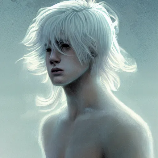 Prompt: Portrait of an androgynous blond prince in a beautiful world, pale milky white skin and long fluffy curly blond hair, symmetrically center parted curtain bangs, intricate, elegant, fantasy, highly detailed, digital painting, concept art, Junji Ito, sharp focus, illustration, beautiful volumetric lighting, epic light, artstation, magic hour lighting, colorful, sunshine, springtime, art by Sylvain Sarrailh