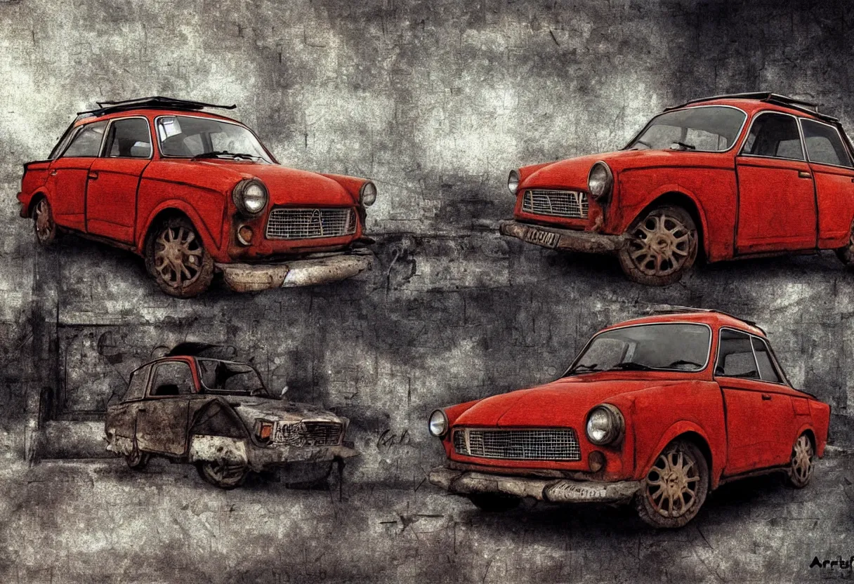 Image similar to old trabant as soviet times, aesthetic art, 8 k, high details, digital painting, concept art, matte painting, art by arstation and mimmo rottela, pixels art by paul robertson