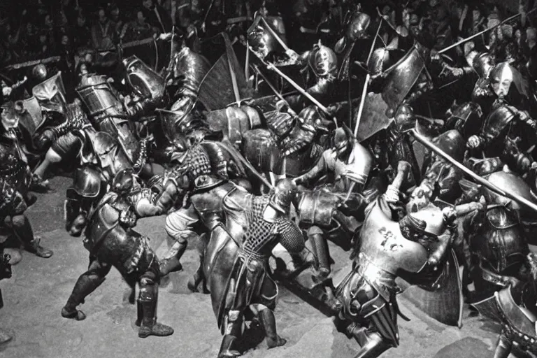 Prompt: a very old photo of duel in medieval times, mosh pit