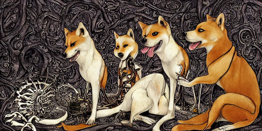 Image similar to a portrait of a shiba inu in the foreground of takiyasha the witch and the skeleton spectre, artistic, highly detailed,