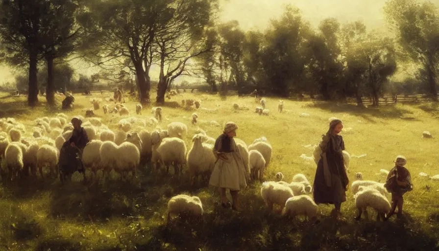 Image similar to simple amish shepherd and children with flocks of sheep in open fields, art by anders zorn, wonderful masterpiece by greg rutkowski, beautiful cinematic light, american romanticism thomas lawrence, greg rutkowski