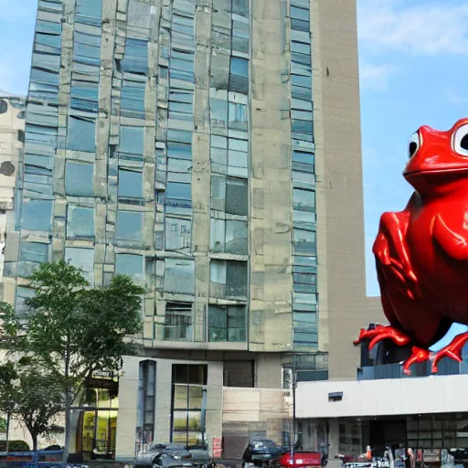 Prompt: a giant red frog as big as a building