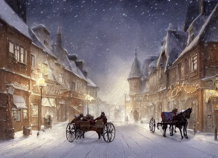 Image similar to a night scene of a snowy town with a horse drawn carriage, a detailed matte painting by anton pieck, deviantart contest winner, fantasy art, concept art, official art, matte drawing