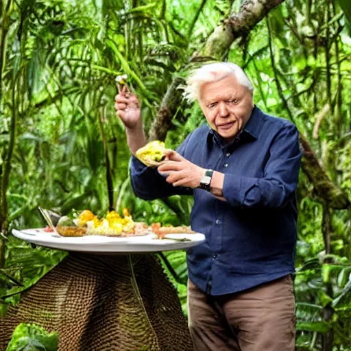 Prompt: David Attenborough looking at an omelette in a jungle while narrating, still, photograph