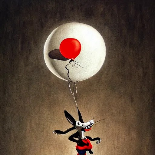 Prompt: painting of bugs bunny with a wide smile and a red balloon by Zdzisław Beksiński, loony toons style, pennywise style, corpse bride style, creepy lighting, horror theme, detailed, elegant, intricate, conceptual,