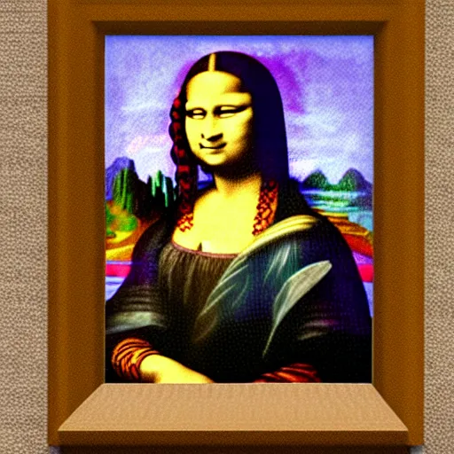 Image similar to high definition picture of a painting of a minecraft dirt block on a wall, with only the body of the mona lisa