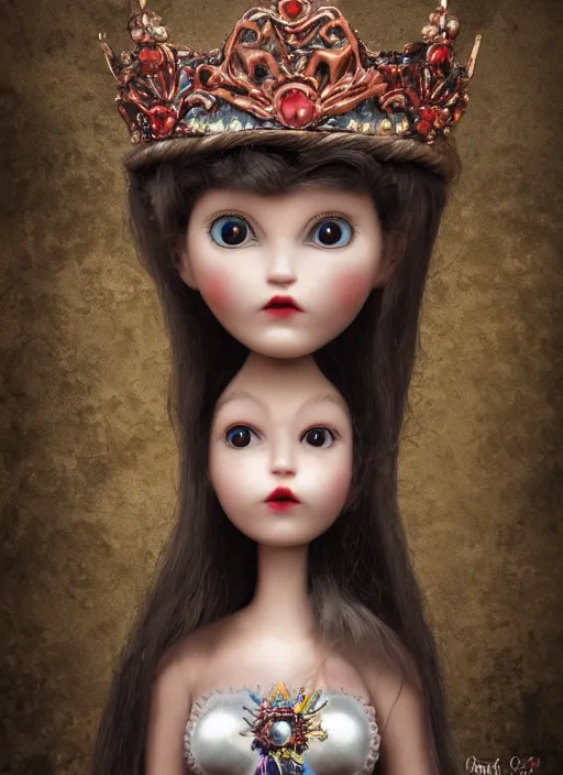 Image similar to closeup profile portrait of tin toy goth fairytale princess wearing a crown, bikini, depth of field, zeiss lens, detailed, symmetrical, centered, fashion photoshoot, by nicoletta ceccoli, mark ryden, lostfish, breathtaking, 8 k resolution, extremely detailed, beautiful, establishing shot, artistic, hyperrealistic, octane render