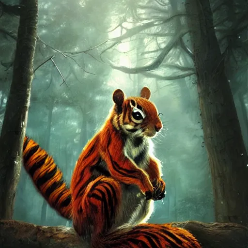 Image similar to Squirrel/tiger, magic the gathering artwork, horror, D&D, fantasy, cinematic lighting, centered, symmetrical, highly detailed, digital painting, artstation, concept art, smooth, sharp focus, illustration, volumetric lighting, epic Composition, 8k, art by Akihiko Yoshida and Greg Rutkowski and Craig Mullins, oil painting, cgsociety