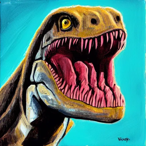 Prompt: dwayne the rock as a velociraptor dinosaur in miami, portrait painting