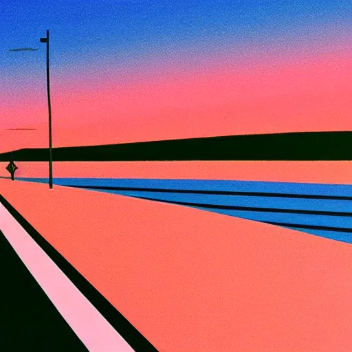 Prompt: A road by the sea, as the sun sets on the horizon, in the style of hiroshi nagai