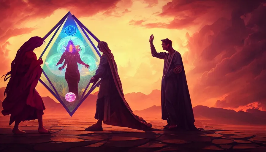 Prompt: solomonic magician summons a demon into a triangle, epic scene, highly detailed, high quality, 8 k, 4 k, octane render, digital painting, alena aenami, lilia alvarado, shinji aramaki, karol bak, alphonse mucha, tom bagshaw