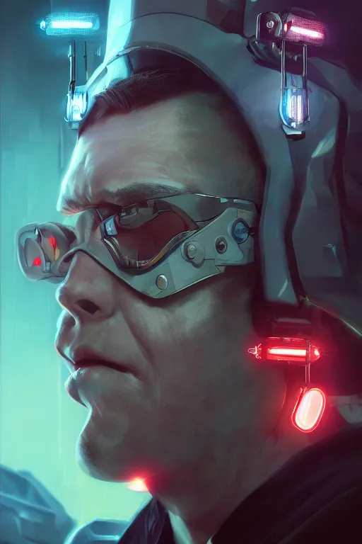 Image similar to illustration of an male cyberpunk character wearing bionic implants, criminal mugshot, highly detailed, oil on canvas, soft lighting, neon pastel colors, by WLOP and Greg Staples, HD, 4K