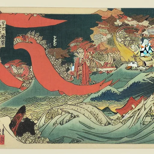 Image similar to A sea full of mythical monsters by Utagawa Kuniyoshi, ukiyo-e
