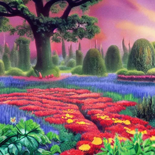 Image similar to flowery garden, matte painting from Fantasia (1940)