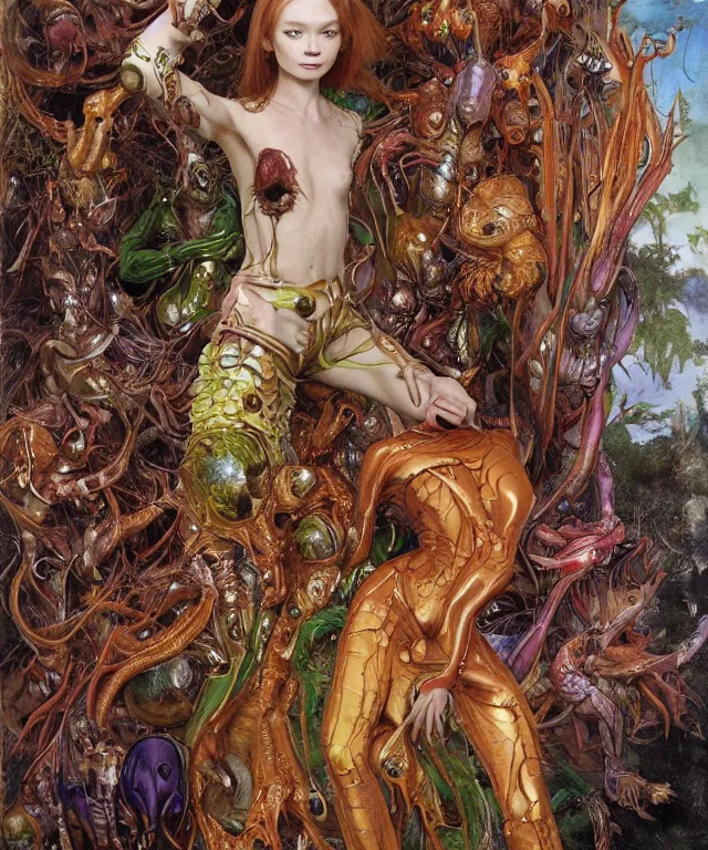 Image similar to a portrait photograph of a bestial mutated alien super villian with slimy skin and wings. she looks like sadie sink and is trying on a colorful infected bulbous shiny organic catsuit. by donato giancola, hans holbein, walton ford, gaston bussiere, peter mohrbacher and brian froud. 8 k, cgsociety, fashion editorial