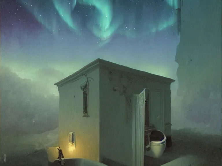 Image similar to a detailed profile oil painting of a toilet, aurora lighting clouds and stars by beksinski carl spitzweg and tuomas korpi. baroque elements. baroque element. intricate artwork by moebius. Trending on artstation. 8k