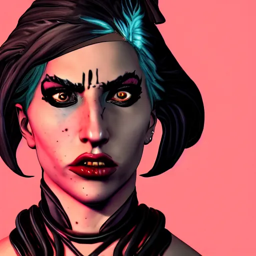 Image similar to lady gaga portrait, borderlands, tales from the borderlands, the wolf among us, comic, cinematic lighting, studio quality, 8 k