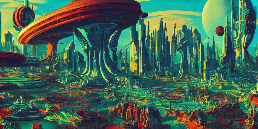 Image similar to a psychedelic retro sci fi city in space by roger dean, digital art, trending on artstation, 4k