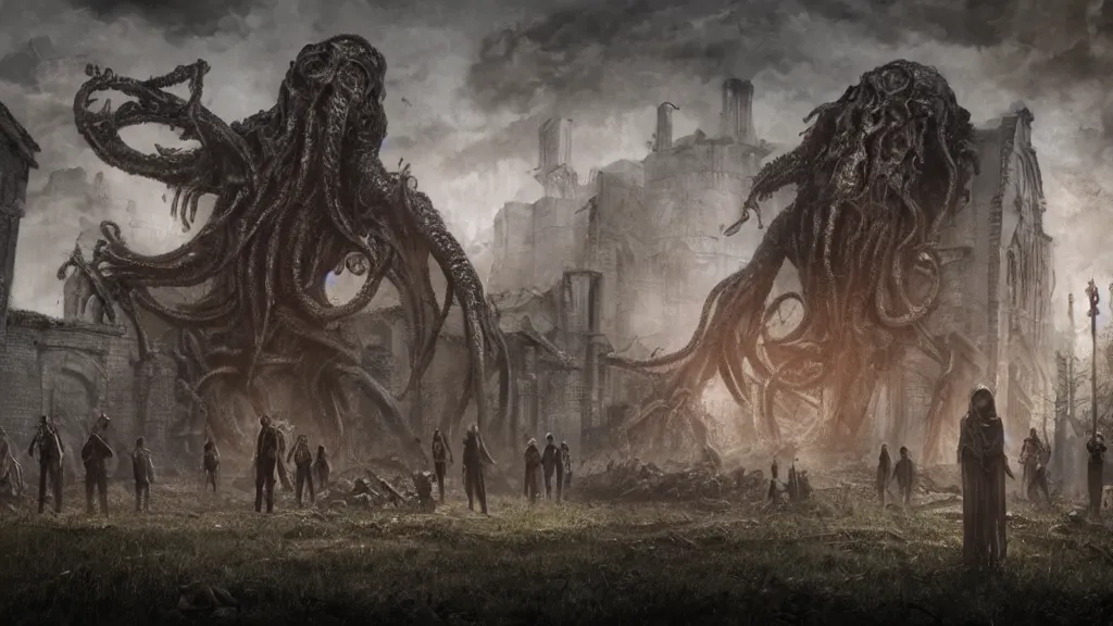 Image similar to cultists invoking lovecraftian monster in middle of a ruins, horror, eldritch, 8K, concept art, DSLR, filmic, HDR, hyperrealism, Unreal Engine, volumetric lighting, Darkart