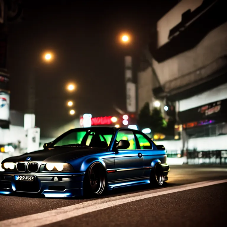 Prompt: close-up-photo BMW E36 turbo illegal night meet, work-wheels, Shibuya shibuya shibuya, roadside, cinematic color, photorealistic, deep dish wheels, highly detailed, custom headlights