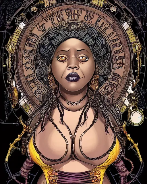 Image similar to a detailed portrait illustration of a steampunk sorceress - laywer. beautiful obese black female face, very dark skin. art nouveau, pop art, comic book style. influenced by neil gaiman, h. p. lovecraft, dan mumford, brian froud, kehinde wiley, killian eng, ross tran.