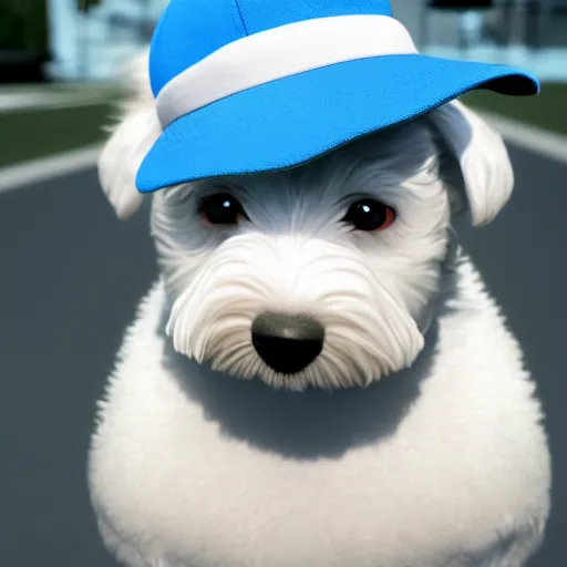 Prompt: a photorealistic picture of a white bichon puppy wearing a blue baseball cap and skating on ice Trending on Artstation, featured on Behance, well-rendered, Unreal Engine, 4K HD