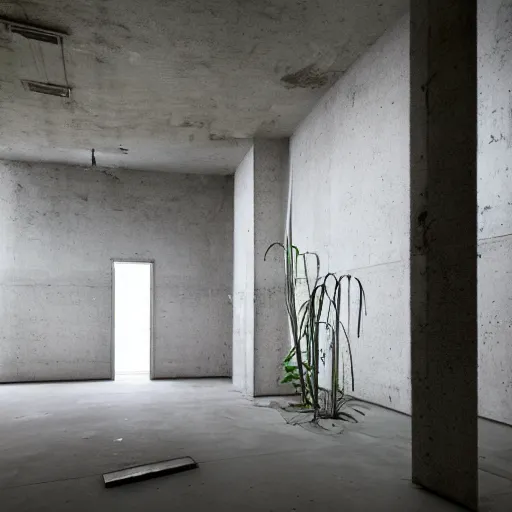 Image similar to an abandoned modern art deco room in a concrete building, few plants, dreamy, overcast, by hans bellmer