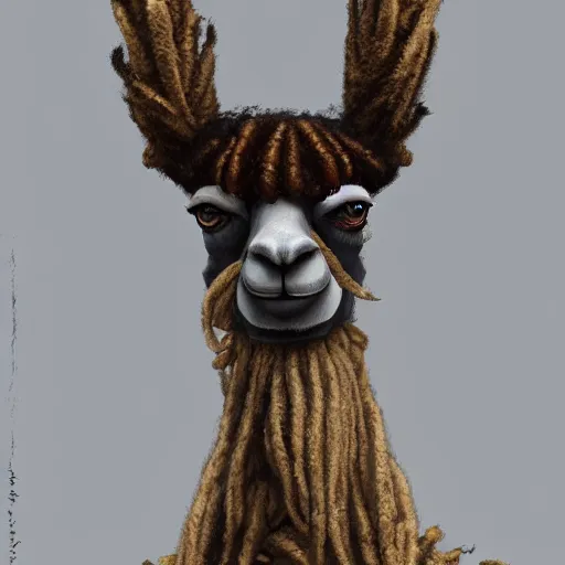 Prompt: llama with dreadlocks, realistic creature concept, heroic pose, ultra realistic, ultra detailed, beautiful art by Gilleard James, 4k
