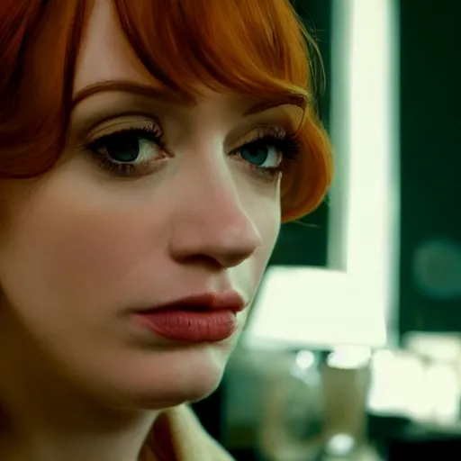 Image similar to amazing beautiful Christina Hendricks with huge puffy lips in the living room, film still from the movie directed by Denis Villeneuve , wide lens