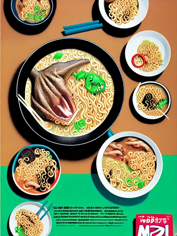 Image similar to magazine ad for dinosaur - flavored ramen, hq scan