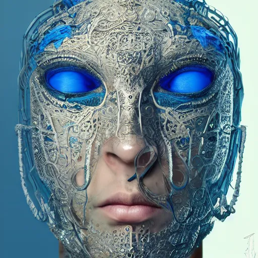 Image similar to Very very very very highly detailed epic central composition portrait of face with venetian mask, blue, intricate, dystopian, sci-fi, extremely detailed, digital painting, artstation, concept art, smooth, sharp focus, illustration, intimidating lighting, incredible art by Tokujin Yoshioka and Anton Pieck