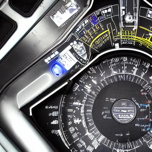 Prompt: closeup view of the instrument panel of an alien spacecraft, photorealistic