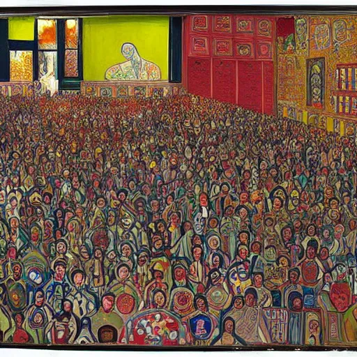Prompt: A beautiful mixed media art of a large room with many people in it. There is a lot of activity going on, with people talking and moving around. The room is ornately decorated and there is a large window at one end. parchinkari inlay by Grayson Perry, by Edvard Munch loose