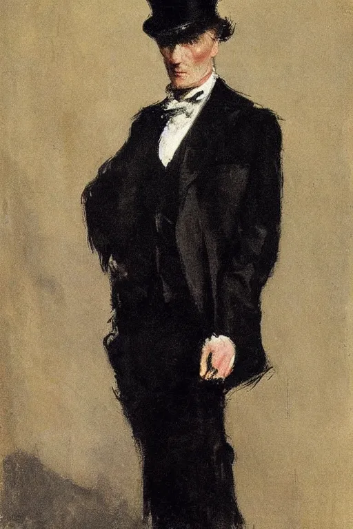 Prompt: portrait of dolph lundgren as a gentleman wearing an edwardian suit and top hat by walter sickert, john singer sargent, and william open